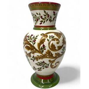 LAURA ASHLEY Home FTD Christmas Holiday 9" Vase Red Holly Berries Scrolls Leaves